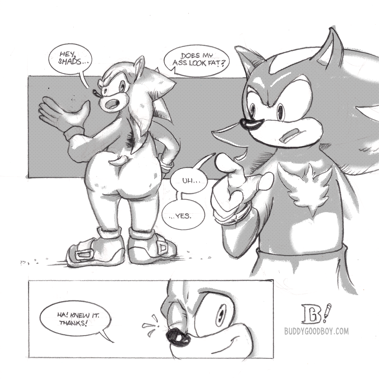 Sonic looks over his shoulder and asks Shadow, “Hey, Shads… does my ass look fat?” Shadow, caught unprepared for the question, raises a finger and stalls for time. Sonic’s butt is particularly plump and dimpled with cellulite. Shadow finally says, “Uh… yes.” Sonic winks and says, “Ha! Knew it. Thanks!”