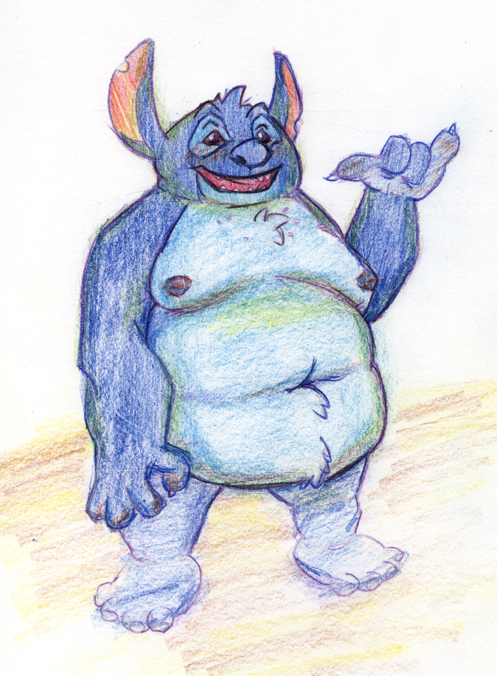 A large, obese adult Stitch (AKA Experiment 626) stands on a beach and gives the viewer a ‘hang loose’ hand sign with the thumb and pinkie extended, and with the other hand makes a circle below his waist. He thinks he’s being subtle because it’s a game where if he can make you look at it, he gets to hit you in the arm.