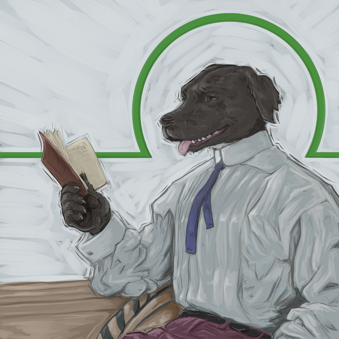 Buddy Goodgirl relaxes at a wooden table. She rests an elbow on the table and holds a pocket-sized book with one hand, which she reads with her tongue hanging out of her mouth. She's an anthropomorphic black Labrador retriever. She wears a white blouse, a purple tie, and burgundy slacks. The entire image is presented in a classic J.C. Leyendecker-inspired, painterly style.