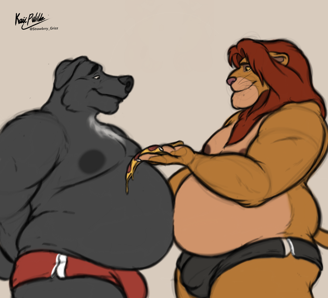 Simba and Buddy look in each other's eyes with happy lust and hunger. They're both naked except for woefully inadequate athletic shorts. Buddy is a little shorter than Simba, but much heavier, especially in the belly. Simba is thickly muscled but carries a significant amount of fat on his belly, sides, and butt. He offers Buddy a slice of pizza, not the first, and definitely not the last.
