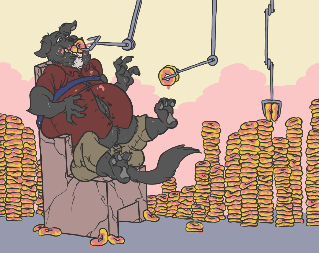A dog is strapped onto a cracked stone throne, in a room full of hundreds of pink frosted donuts. Three spindly mechanical arms take turns stuffing another donut into Buddy's already-full and frosted mouth. From the size of Buddy's stomach and the number of missing buttons on his shirt, this has been going on a while, and will indefinitely. Sweet.