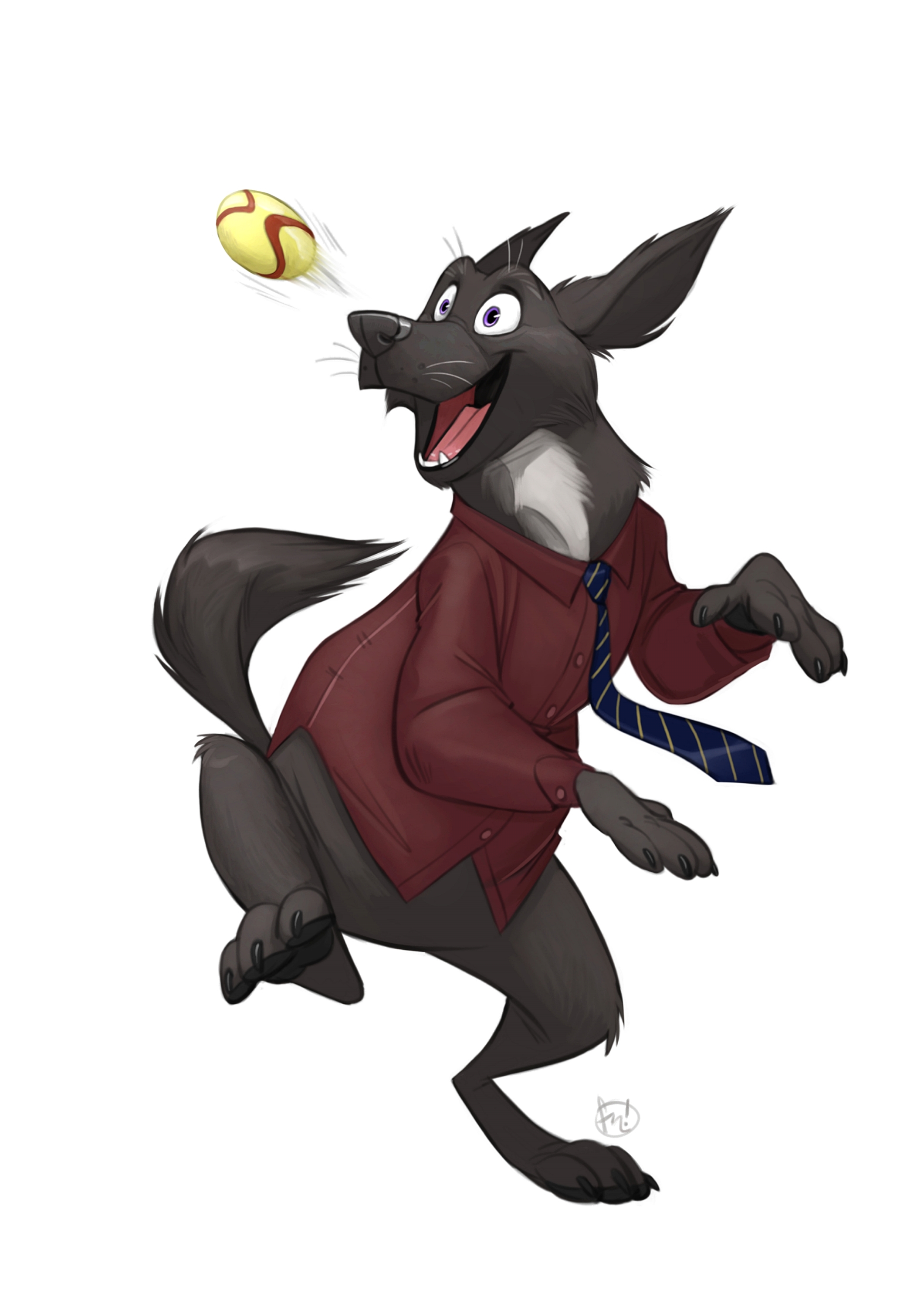 A colored and rendered digital art piece of Buddy Goodboy jumping after a tennis ball in the air. Buddy is a non-anthropomorphic Labrador retriever with black fur, a white throat, and floppy, shaggy ears that trail him as he leaps. He&rsquo;s wearing a burgundy dress shirt and a tie. No pants; dogs don&rsquo;t need pants.