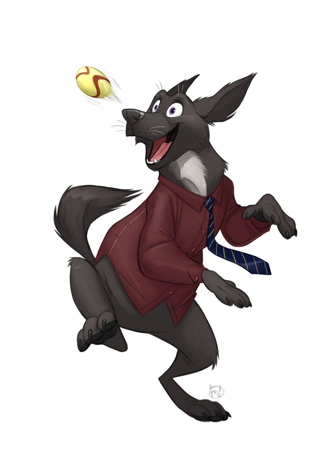 A colored and rendered digital art piece of Buddy Goodboy jumping after a tennis ball in the air. Buddy is a non-anthropomorphic Labrador retriever with black fur, a white throat, and floppy, shaggy ears that trail him as he leaps. He's wearing a burgundy dress shirt and a tie. No pants; dogs don't need pants.
