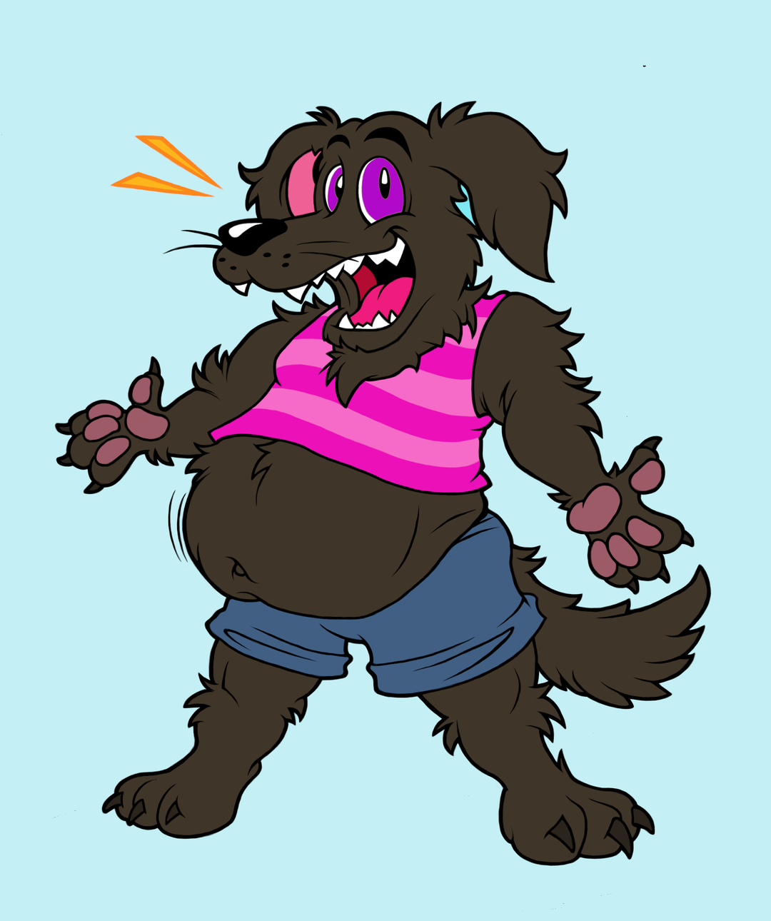 A flat color digital art piece in an energetic and cartoony style. Buddy is very excited to show off his outfit for the beach. He's wearing a two-toned pink striped tank top, blue shots, and a mile-wide grin. He's fluffed up all his fur to maximum floofiness, and his round belly hangs out his shirt and over his lap.