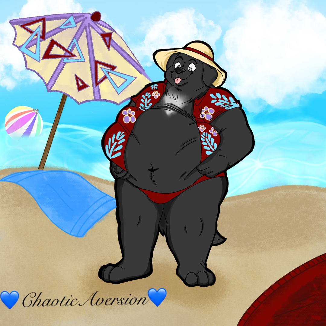 A flat-color digital art piece depicting Buddy on the beach, hoisting his belly to show it off. He's wearing a red Speedo, an open red Hawaiian-print shirt with blue and purple floral patterns, and a straw hat. If he weren't lifting up his ball of a belly, it would sag and occlude his Speedo entirely. He looks very pleased with himself!