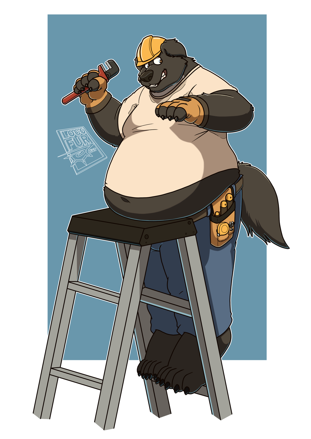 Buddy Goodboy is in a white T-shirt, jeans, work gloves, a construction helmet, and has a tool belt cinched around his waist. He looks around to see if anyone notices he's just using the ladder he's standing on to rest his gut!