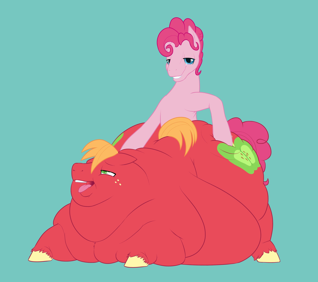 A very satisfied Bubble Berry ruts an extremely fat Big Mac. Bubble Berry is a pink male pony with a floofy mane and tail. Big Mac is a red male pony with a straight orange mane and tail, and he is so fat his belly drags on the ground and splays his legs out. He gives a look of sensual overwhelm and opens his mouth to moan happily.