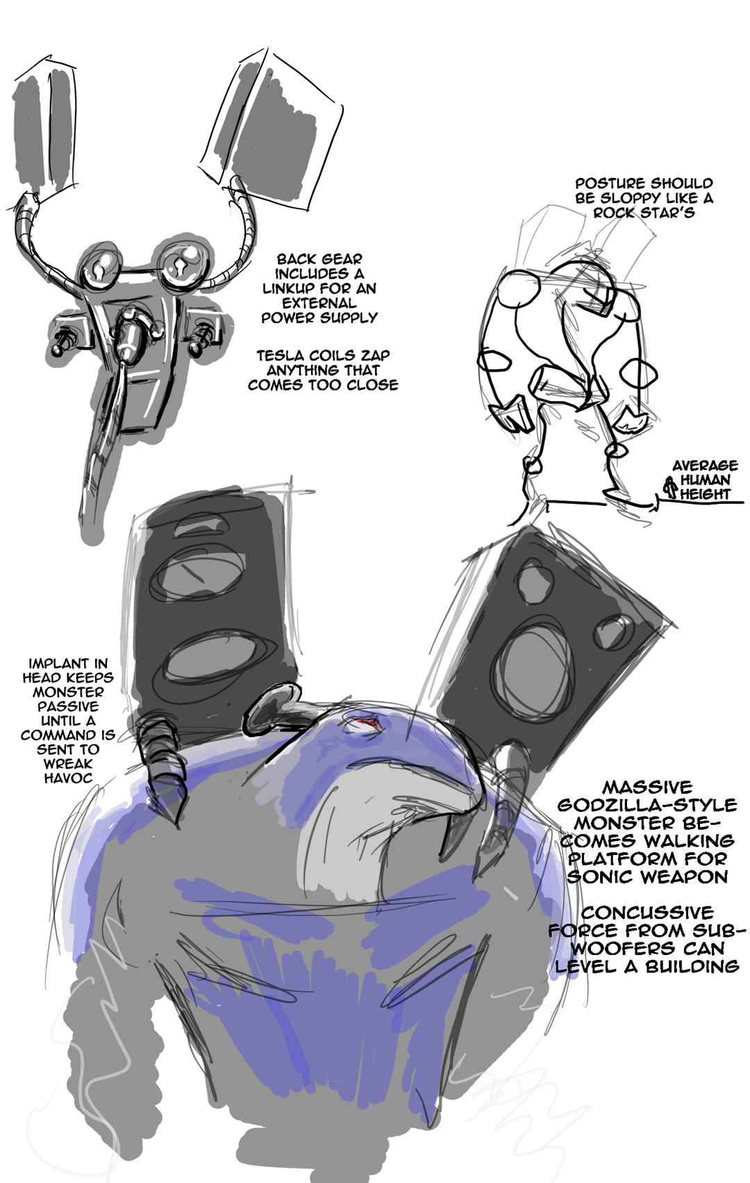A hulking, blue furry kaiju looms, with two huge speakers mounted to its shoulders and plugged into its spine. There is what looks like an enormous tuning knob from a Squier P-Bass coming out the back of his head.