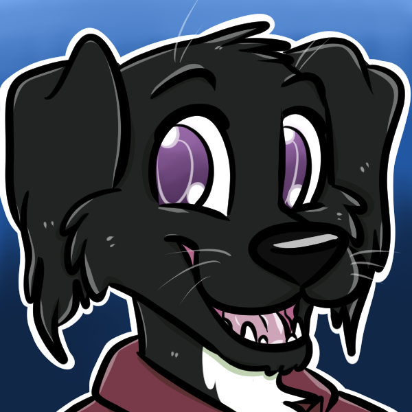 A three-quarter view of the face of a cartoony anthropomorphic Labrador retriever. He has black fur, a white throat, and purple eyes.