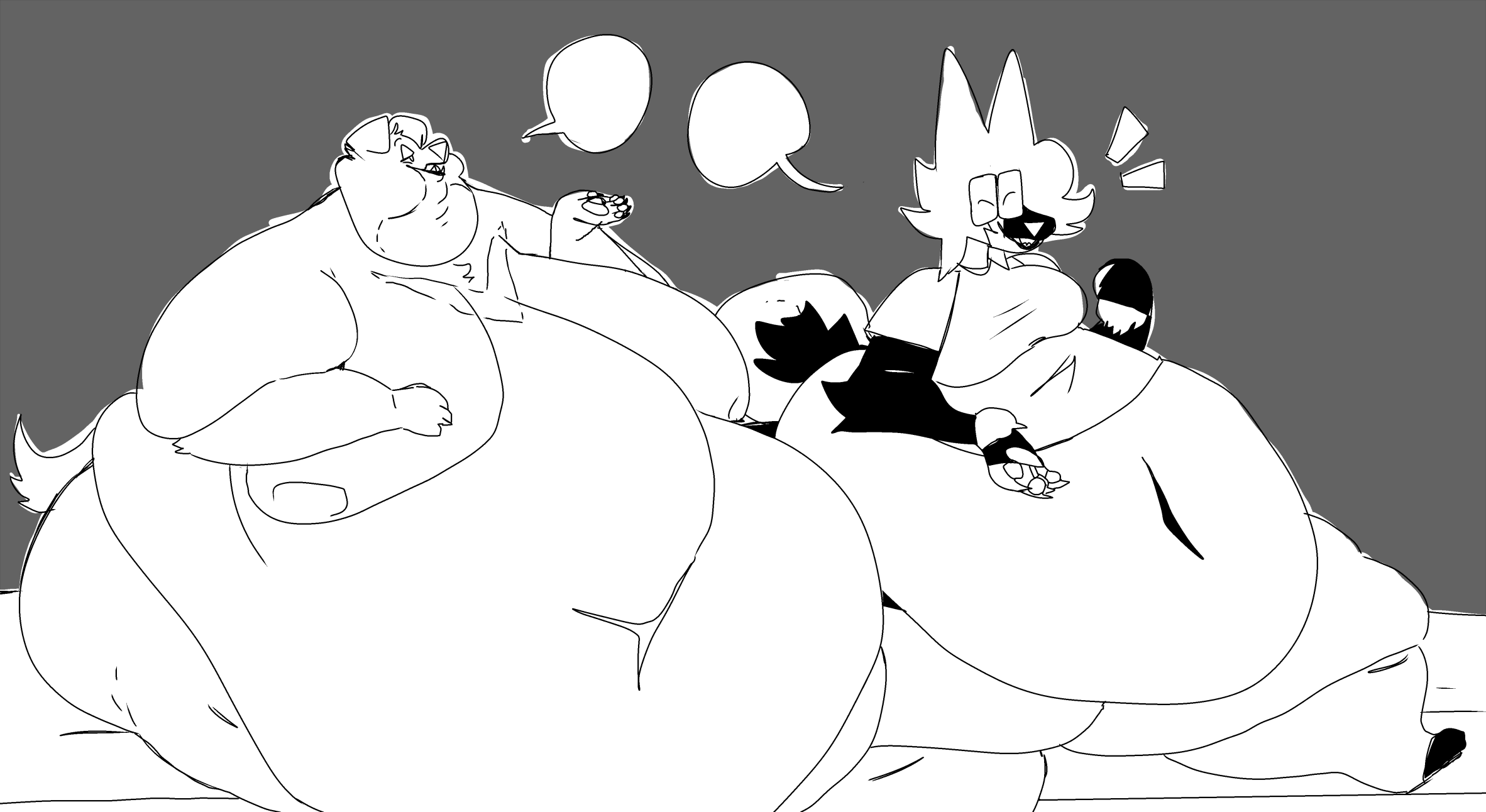 A greyscale line drawing of Buddy and Proxi, two extremely fat anthro animals sitting and chatting. Proxi is some kind of big cat, I think, who wears most of their weight around their hips and thighs, and with a pronounced belly as well. Buddy is a Labrador retriever. He has fat cheeks, multiple chins, thick bingo wings, and his arms can barely reach around his massive moobs, and his belly and hips are even more impressively big than that.