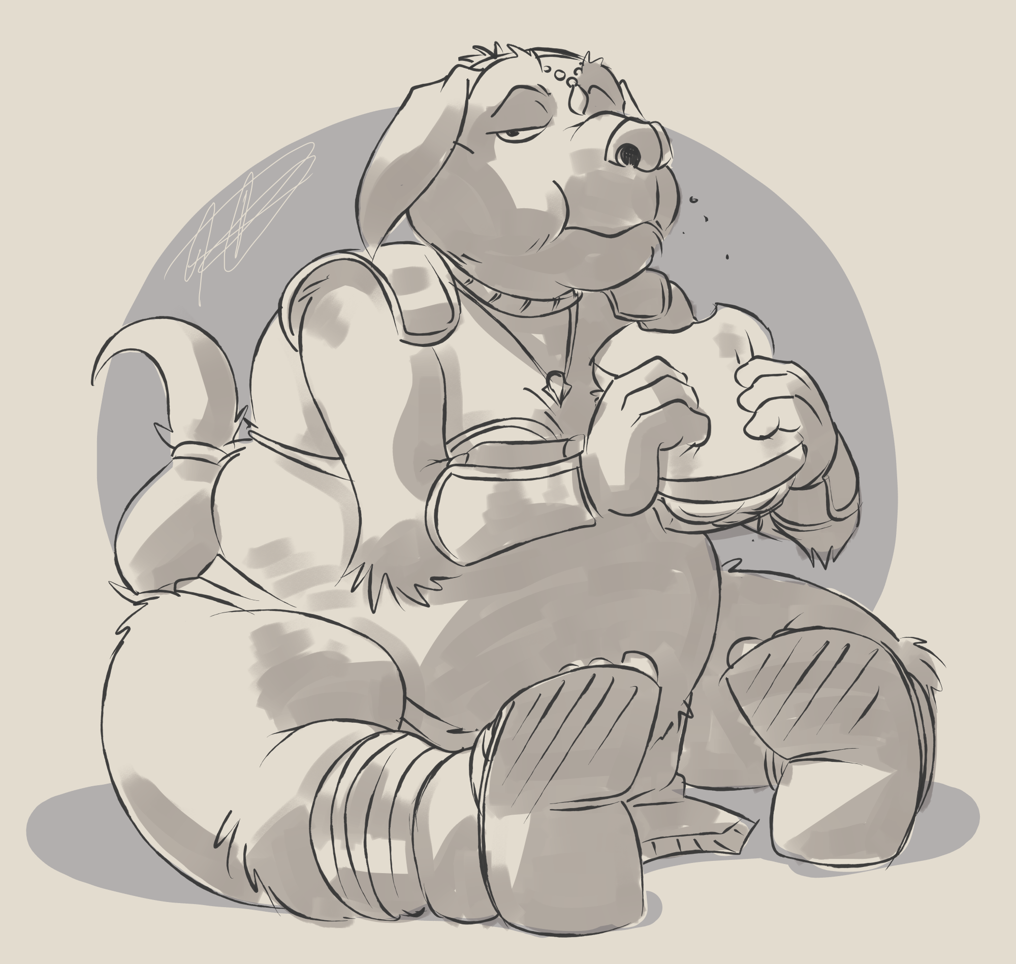 A greyscale toned line drawing of Buddy Goodboy sitting on the ground, grumpily eating a sandwich. Buddy is a fat Labrador retriever with a thickly-built body, He is wearing Krystal Starfox&rsquo;s revealing metal bikini from Star Fox Adventures.