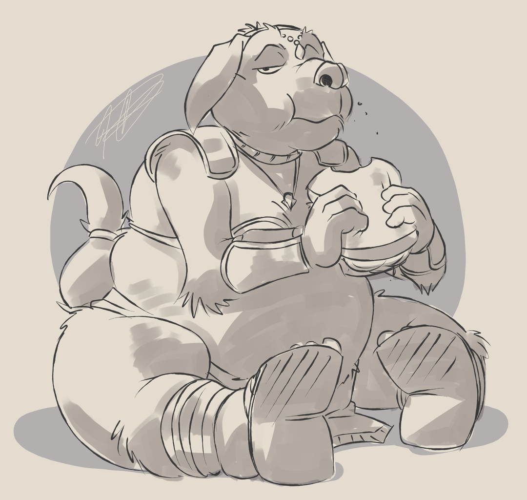 A greyscale toned line drawing of Buddy Goodboy sitting on the ground, grumpily eating a sandwich. Buddy is a fat Labrador retriever with a thickly-built body, He is wearing Krystal Starfox's revealing metal bikini from Star Fox Adventures.
