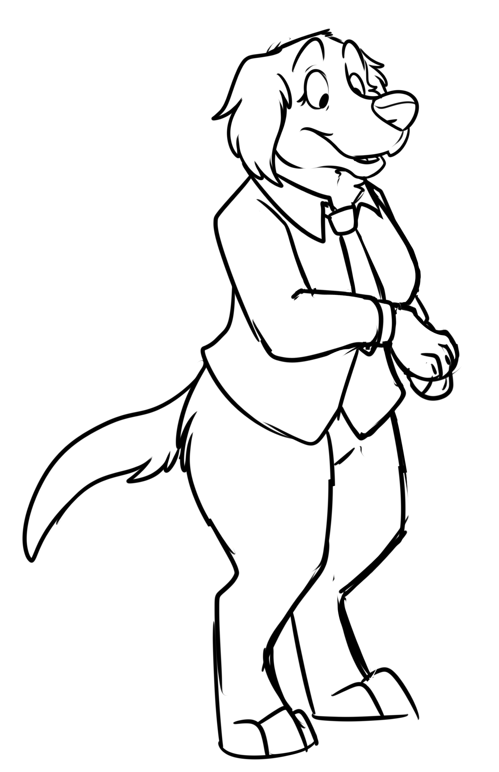 A full-body line drawing of Buddy Goodgirl. Buddy is a female anthropomorphic Labrador retriever wearing a dress shirt and necktie. She gives a friendly smile and folds her paws over each other.