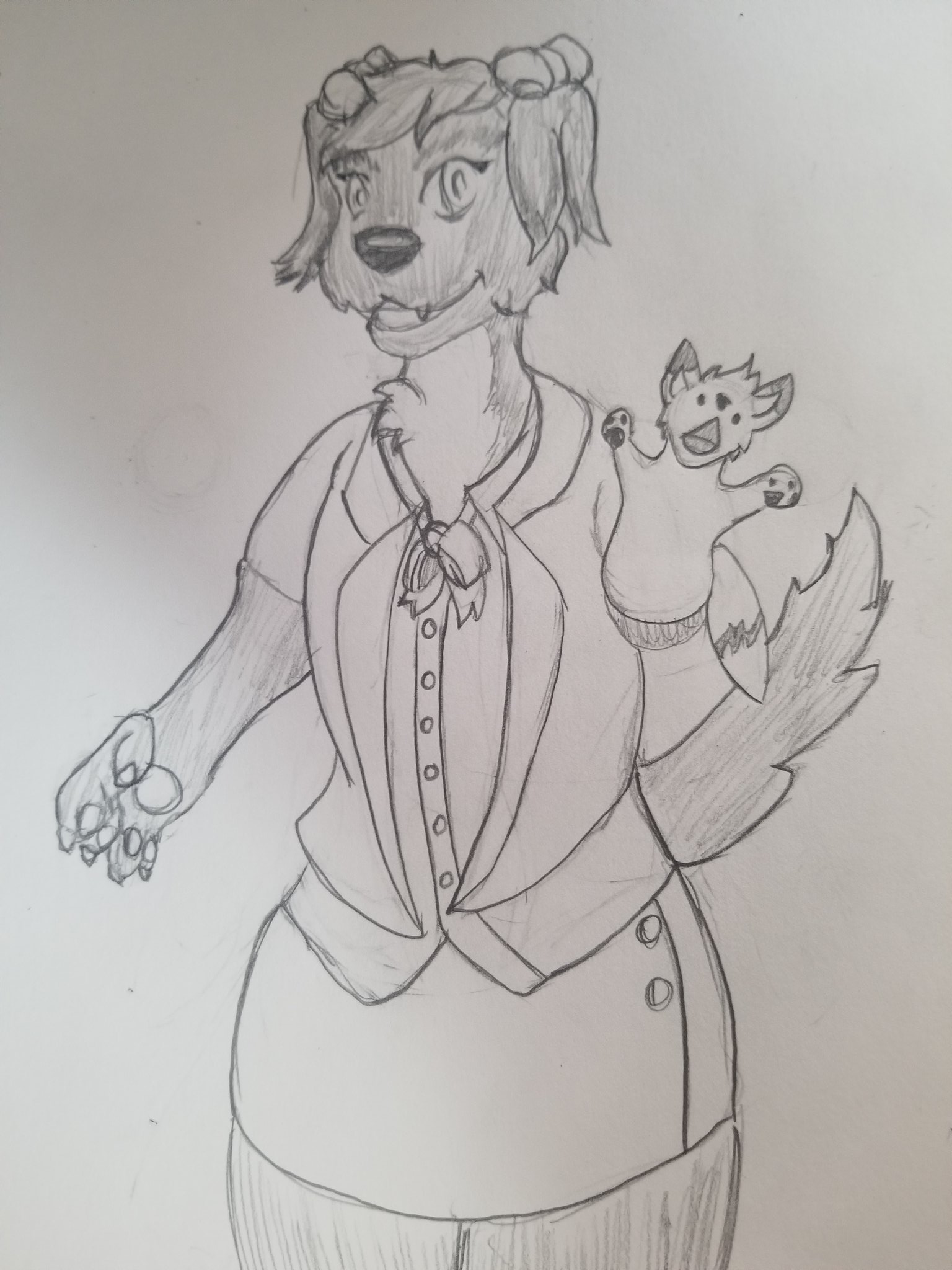 A pencil drawing of a female Labrador retriever in a pretty blouse and dress.