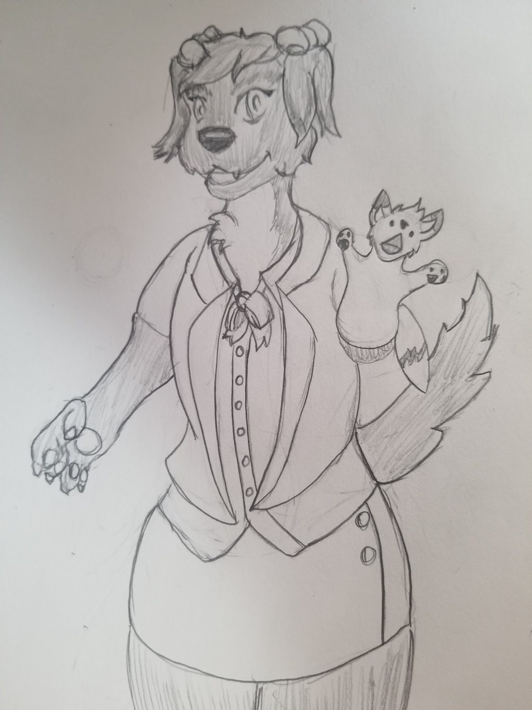 A pencil drawing of a female Labrador retriever in a pretty blouse and dress.