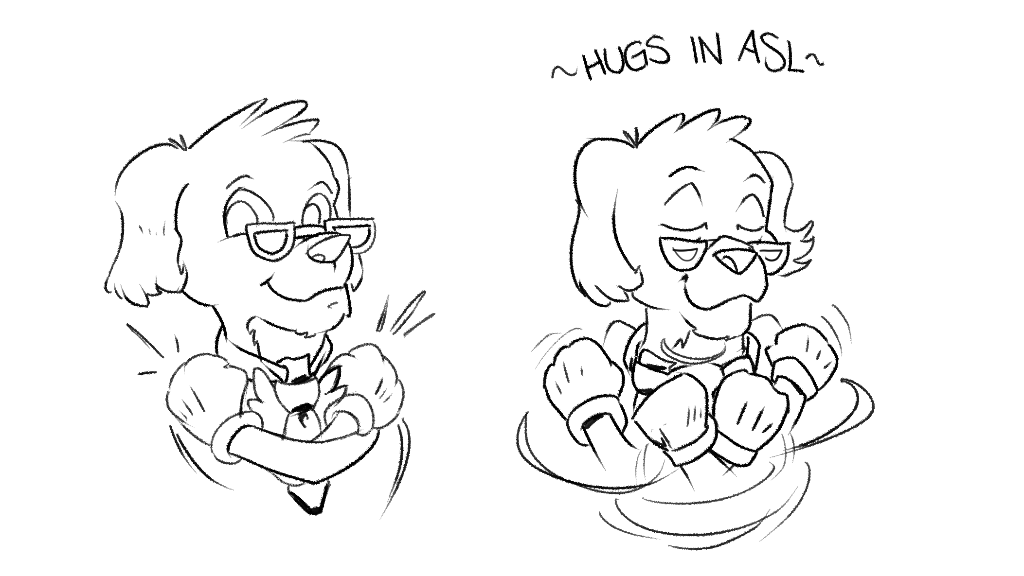 Buddy, an anthropomorphic Labrador retriever, offers a hug in American Sign Language for his friends with touch sensitivities.