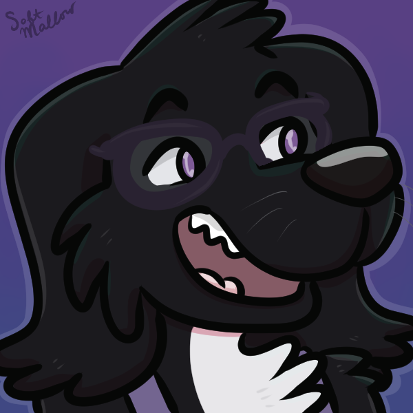 A three-quarter view of a cartoony Labrador retriever with black fur, a white throat, purple eyes, purple rectangular glasses, and a big goofy open-mouth smile.