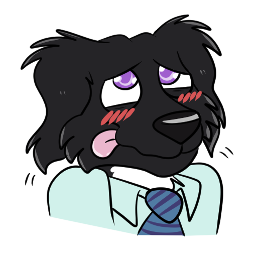 Buddy Goodboy, an anthropomorphic Labrador retriever in a dress shirt and tie, sticks out his tongue and gives an embarrased and blushing smile.