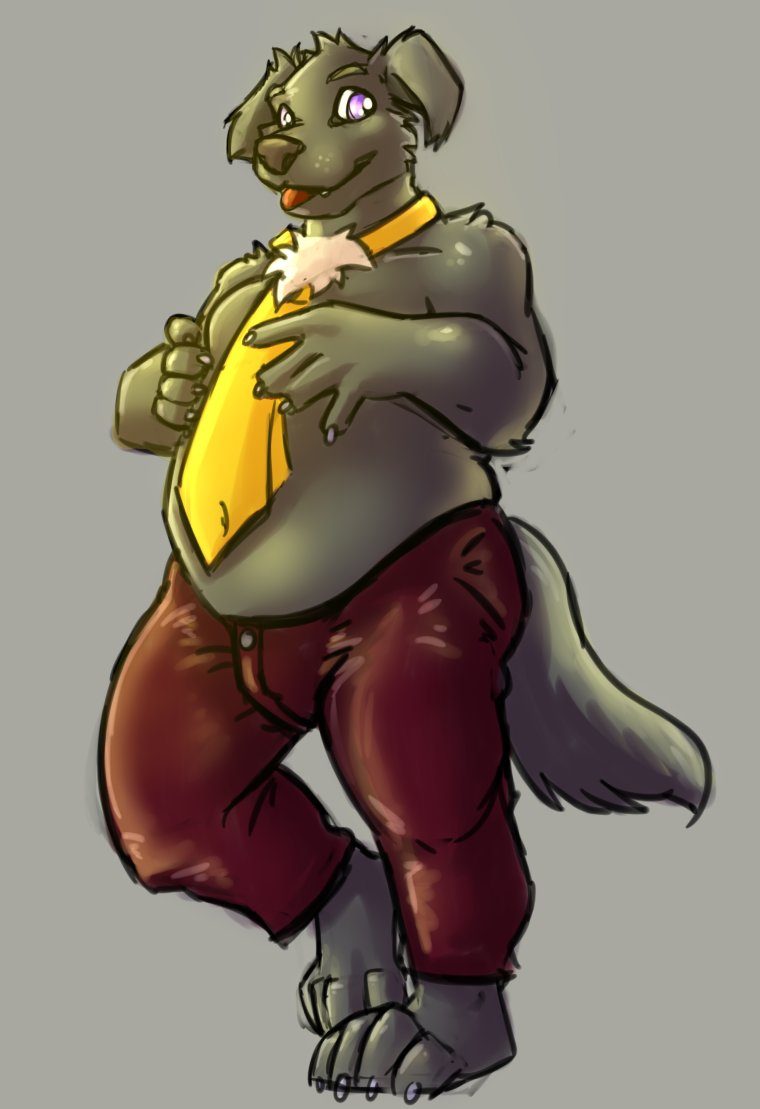 Buddy Goodboy, a black Labrador retriever, shows off his outfit: dark red suit pants, a wide yellow tie, and a goofy smile. That's it! His paws and upper body are bare.