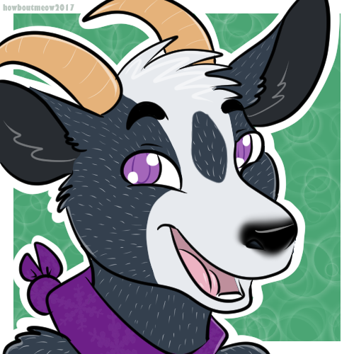 A cartoon goat with purple eyes smiles at you in front of a background of green bubbles. He wears a purple bandana.