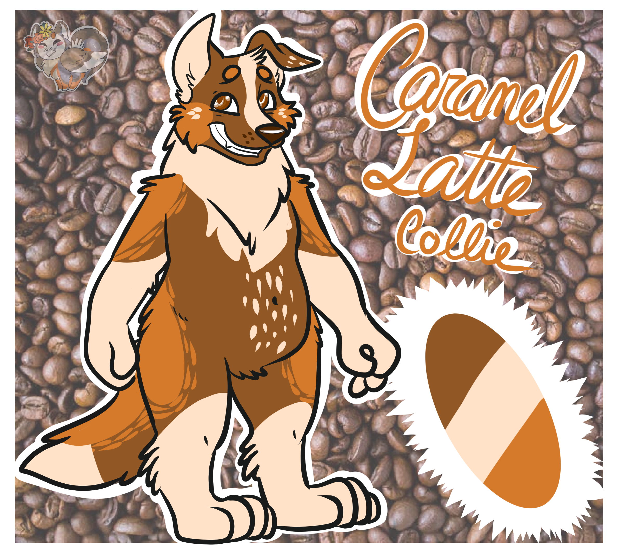 A chubby collie dog poses as a reference for future artists who draw the character. His fur is in shades of warm browns and oranges. He gives a great big smile with teeth. One of his ears is bent.