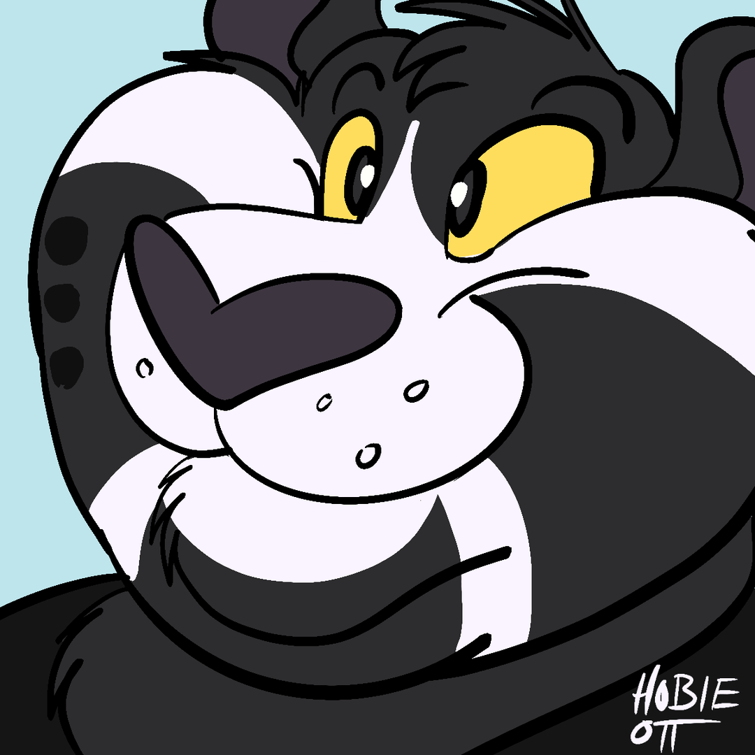 A closeup of Chance, a fat black leopard with white fur around his muzzle in the shape of a sideways '8'.