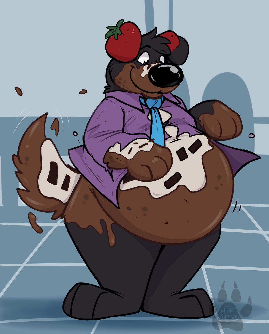 Buddy Goodboy, initially a fat, black Labrador retriever in a purple dress shirt and light blue tie (it’s called power clashing, look it up). He’s bursting out of his shirt and transforming, to his delight, into chocolate pudding, complete with whipped cream, sprinkles, and strawberries on his ears.