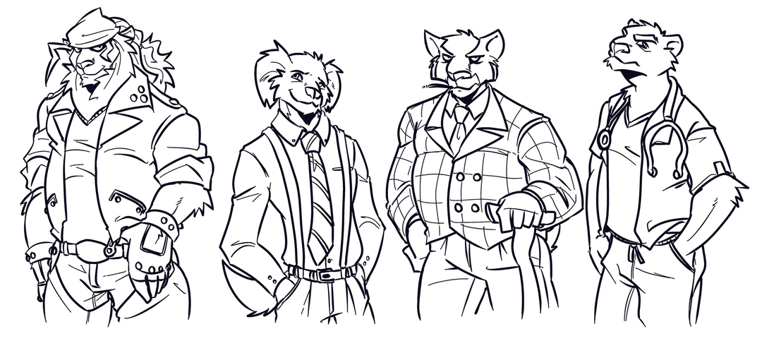 A lion dressed in biker leathers, Buddy in shirtsleeves and suspenders, Boozy Badger in a checked suit, and Dr. Wolverine in scrubs pose to give the viewer at home a little sizzle.