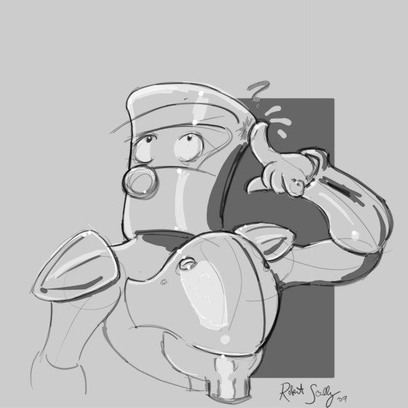 A classic cartoony robot scratches the side of its cylindrical head and furrows its eyebrow, deep in thought. It looks like the kind of robot you'd see in a high school play, made out of cardboard.
