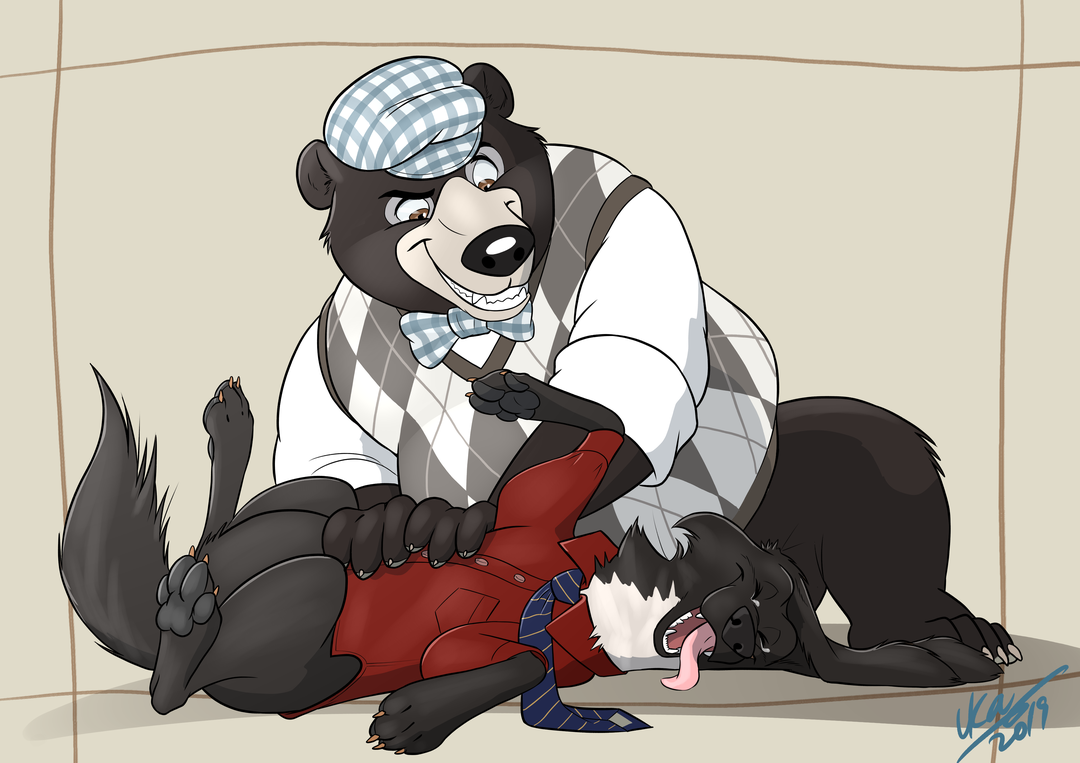 Preston gives Buddy belly rubs, to Buddy's utter delight. Buddy's feet are kicking, his tail is wagging, and his tongue lolls out of his mouth. Preston is an anthropomorphic brown bear wearing a checked newsboy cap and an argyle sweater vest over rolled-up white shirtsleeves. Buddy is a non-anthropomorphic Labrador retriever with black fur and a white throat. He is wearing a burgundy dress shirt and a necktie.