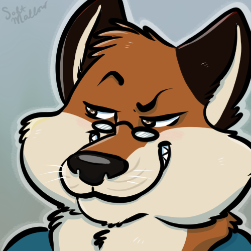 A three-quarter view of a cartoony, chubby-cheeked red fox with small, black, rectangular glasses. He&rsquo;s giving someone a knowing, naughty grin with one eyebrow arched.