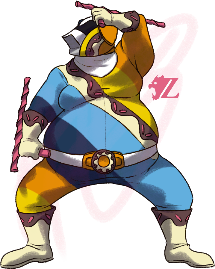 Buddy is stuffed into a skintight spandex suit emblazoned with diagonal stripes representing the aroace pride flag—blue, light blue, white, yellow, orange. He has a faceless helmet, gloves, boots, and a belt, each decorated with a motif of chocolate-frosted donuts with pink sprinkles, evoking the chocolate-vanilla-strawberry colors of the fat fetish pride flag. He wields a pair of tonfa stylized as two giant Twizzlers.