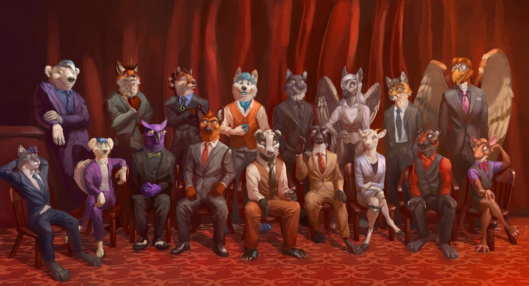 Seventeen furry attorneys sit or stand in two rows in front of a red curtain. Yeah, we're really all furry attorneys. There are dozens of us.
