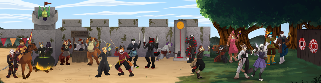 Twenty-one furry lawyers in Renaissance Fair attire mingle and play different games or fence or eat turkey legs. I'm the fat fox double-fisting turkey legs.