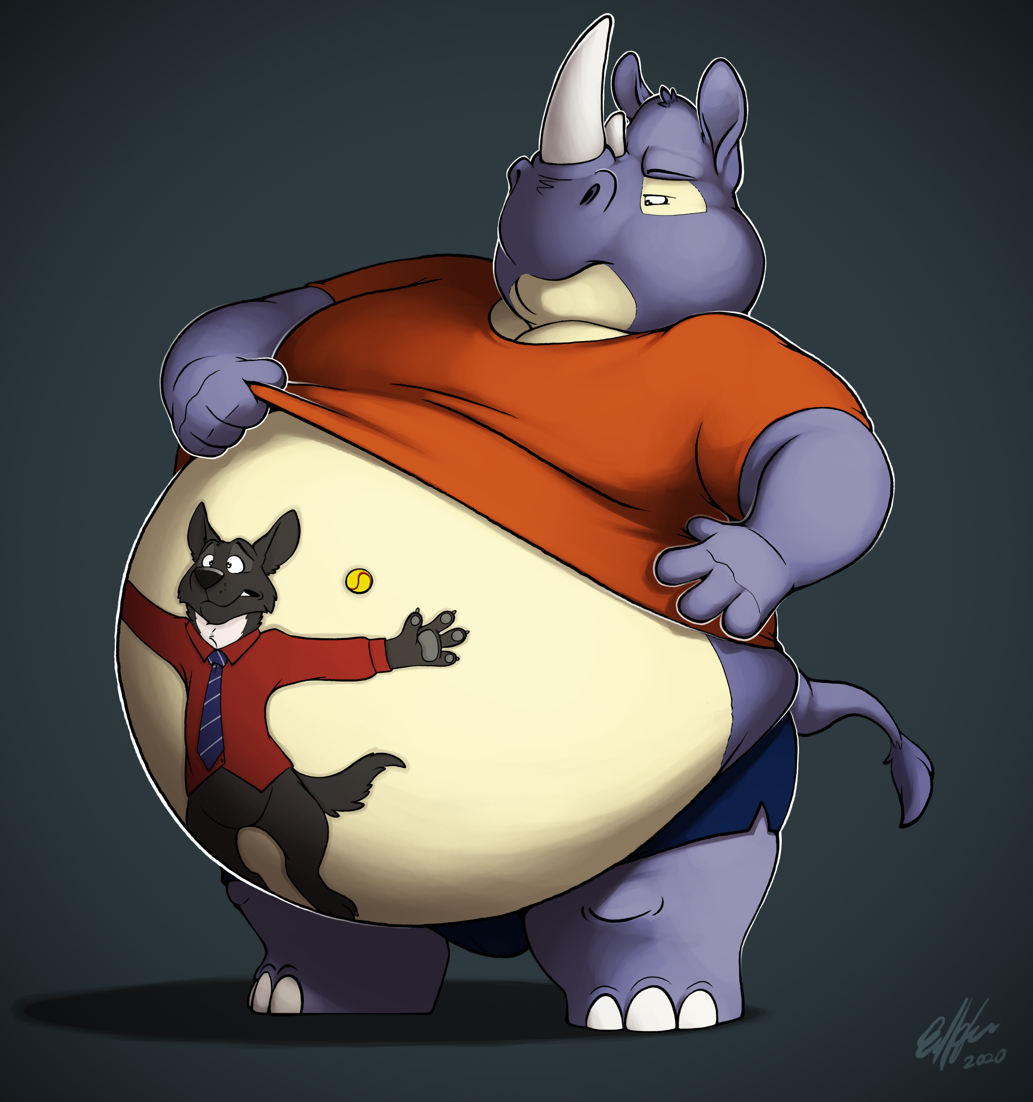 Rolo pulls up his T-shirt to inspect his belly, against which Buddy (and a tennis ball, which clearly he was chasing) is flattened. Rolo is a tall, fat, purple anthropomorphic rhino with a cream-colored belly in a red T-shirt and short black shorts. Buddy is an anthropomorphic Labrador retriever in a burgundy dress shirt and a necktie.