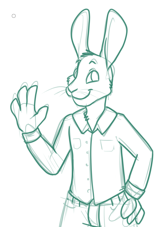 A slightly scraggly hare smiles and waves. He's wearing an informal, two-pocket button down shirt and jeans. He gives me country boy vibes, which is what I was originally thinking.