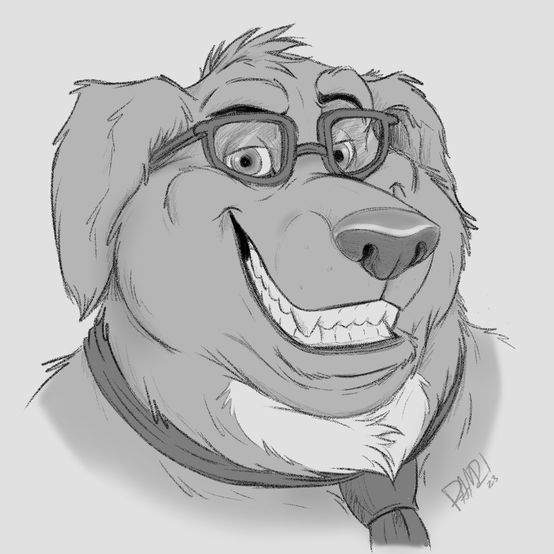 Buddy Goodboy gives a tooth grin that pushes back into his chubby cheeks. He's a black Labrador retriever with a white throat, Wayfarer glasses, and a necktie, somehow. How do you wear a tie if you don't have a neck??