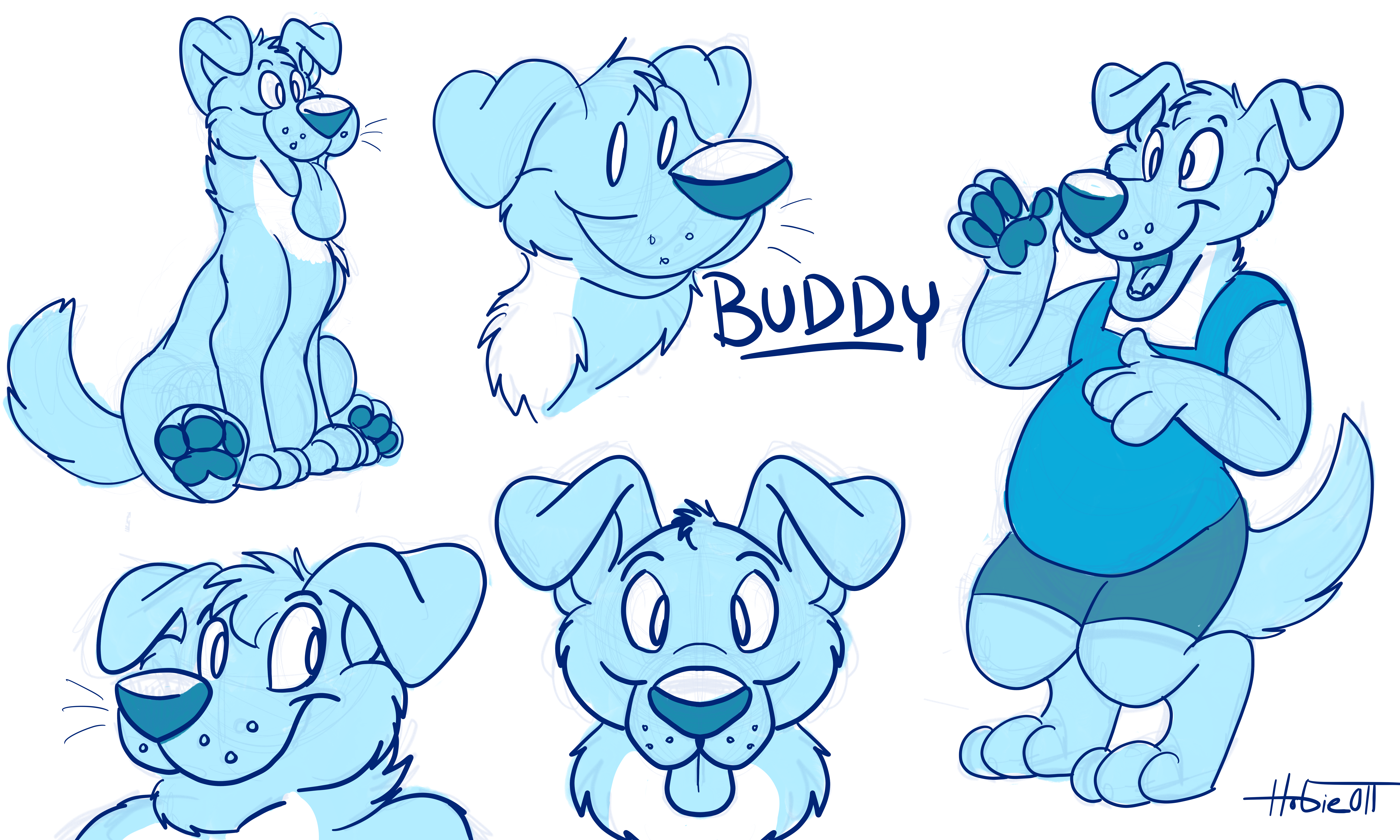 Four images of a cartoon black Labrador retriever being his best goofy and charming self, and one image of the same dog as a digitigrade anthro wearing a tank top and shorts. He smiles and waves at someone he sees.