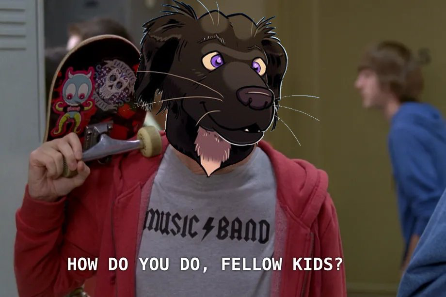 This is a photo edit of Steve Buscemi carrying two skateboards, with Buddy Goodboy&rsquo;s head superimposed over his. The subtitle reads &ldquo;How do you do, fellow kids?&rdquo;