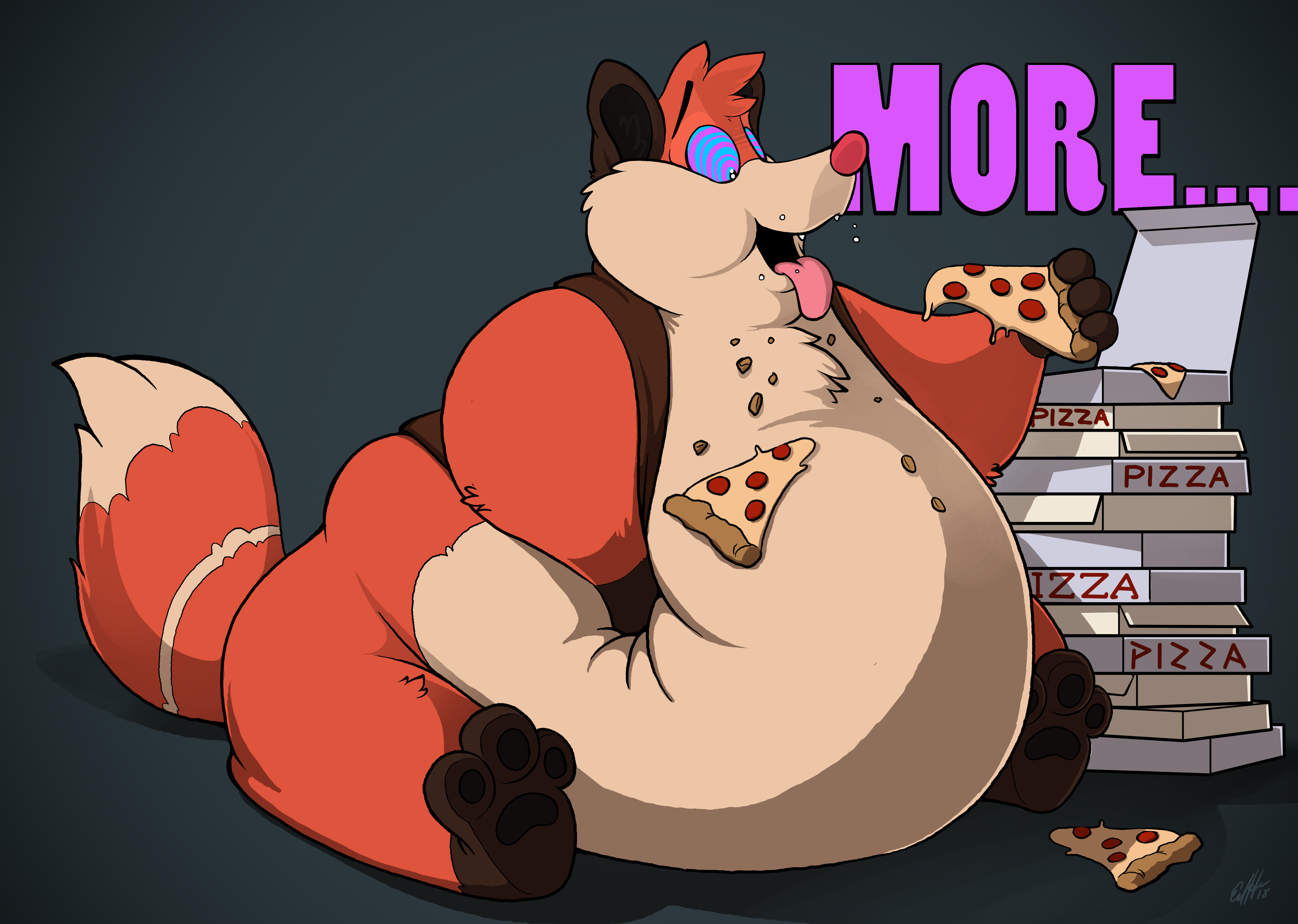 Eddy Barron sits on the floor eating from the top pizza box of a stack of several pizza boxes, and says &ldquo;More…&rdquo; Eddy is a very fat red fox with a cream-colored belly and tail tip, a cream-colored ring around the base of his tail, and chocolate-brown &ldquo;socks&rdquo; patterns on his paws. He is wearing only a vest that is way too small to contain his girth.