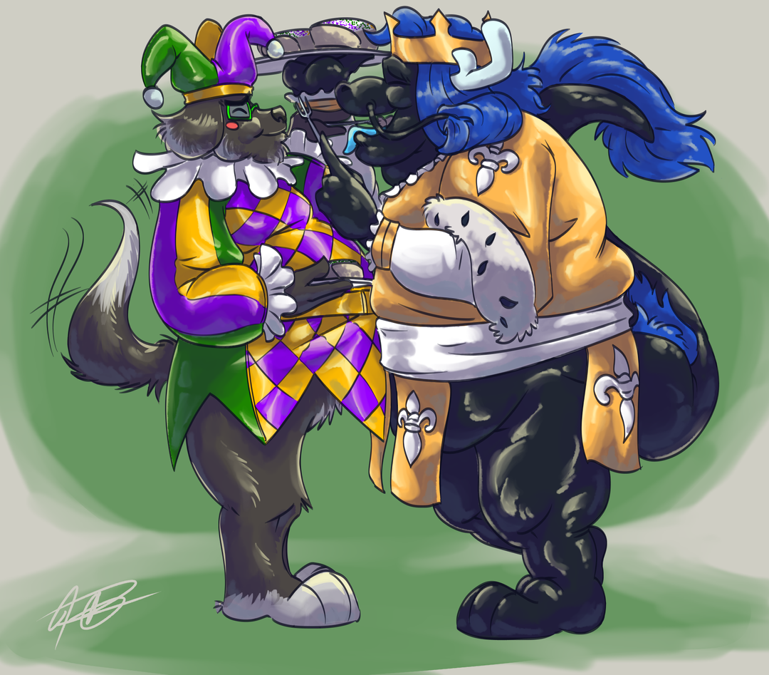 Dev feeds Buddy a bite of king cake. Buddy is an anthropomorphic Labrador retriever with black fur and a very large, stuffed belly. He wears a jester outfit and hat in green, purple, and gold. He carries a tray of treats over his head with one paw and a plate of cake in the other. His eyes are closed and he wags his tail happily. Dev is an anthropomorphic black Eastern dragon with a blue mane running from the head down to the tail tip. Dev is taller and much heavier than Buddy, with a full, hanging gut and thick thighs. Dev wears a crown and a gold king's robe trimmed with ermine and festooned with fleur-de-lis.