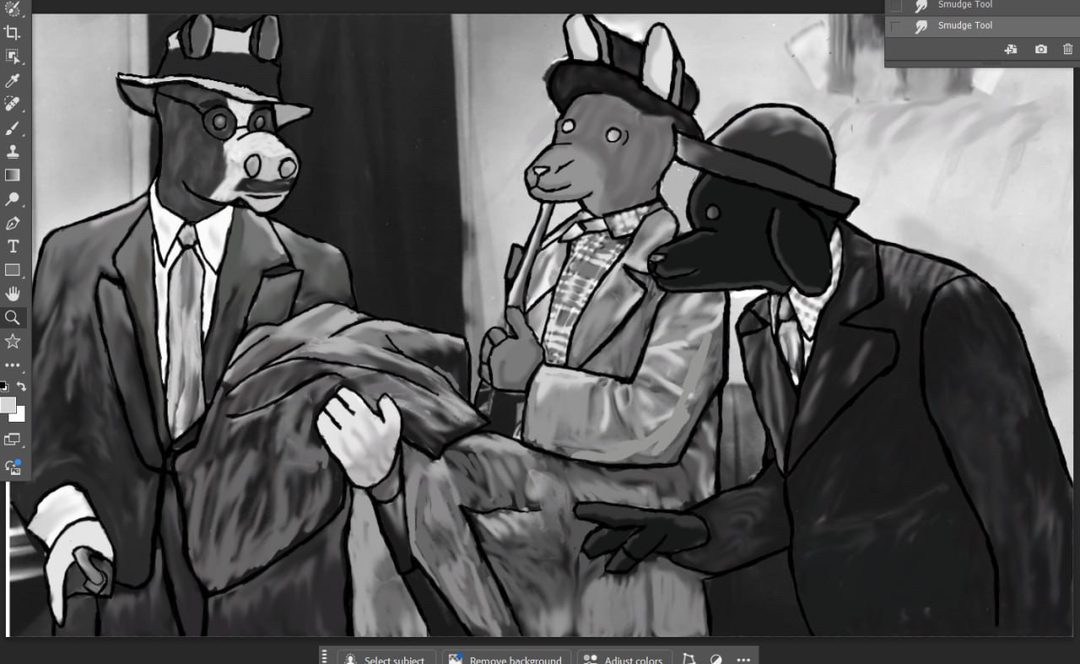 This is a black and white frame from a Marx Brothers film, with SciHoss as Groucho, Iron Boomer as Harpo, and Buddy Goodboy as Chico.