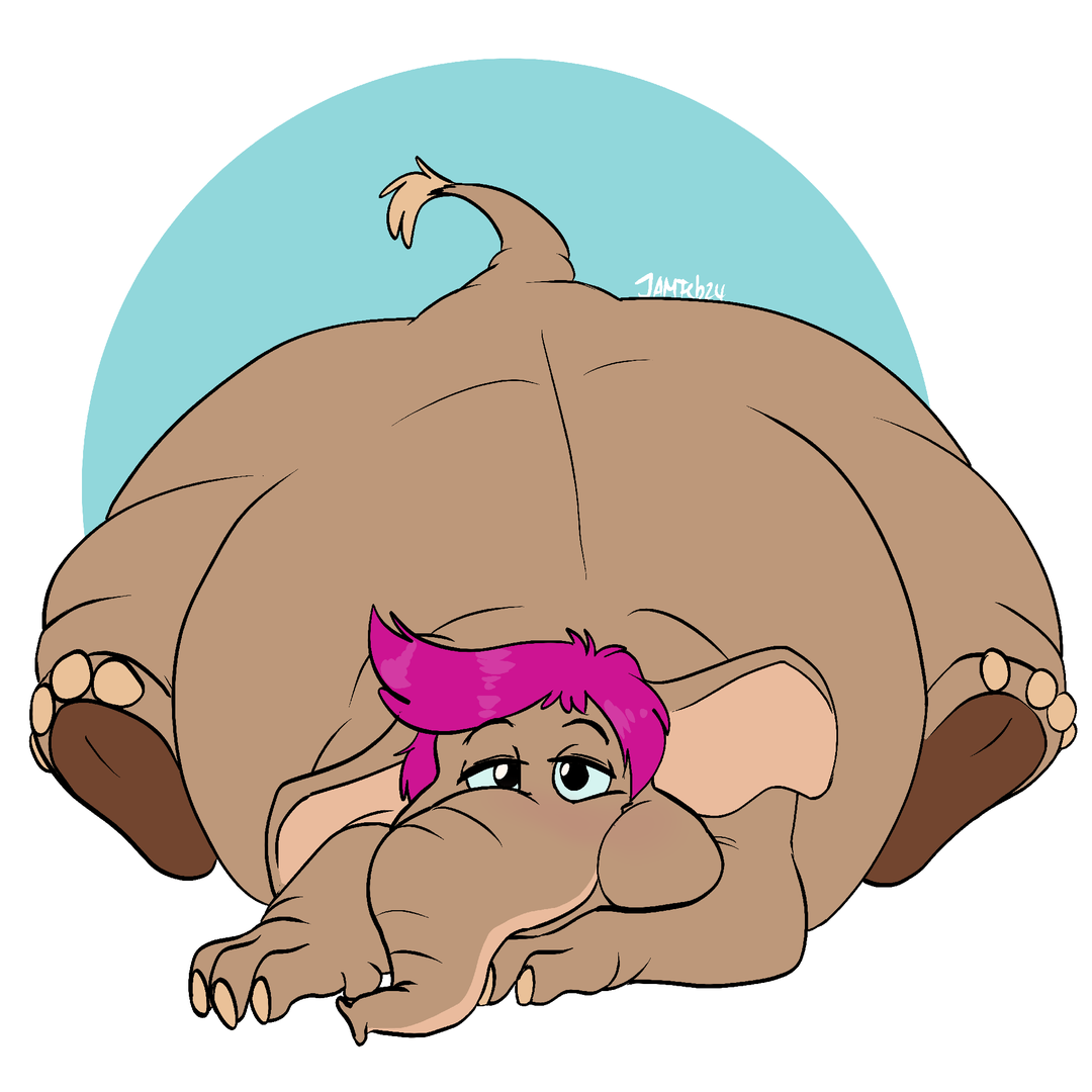 Tina plops down on her belly and looks up at you with a tired smile. She’s an anthropomorphic African elephant with short, spiked pink hair on her head, and wide, wide hips. She’s nude but nothing’s showing. It’s not exactly licentious.