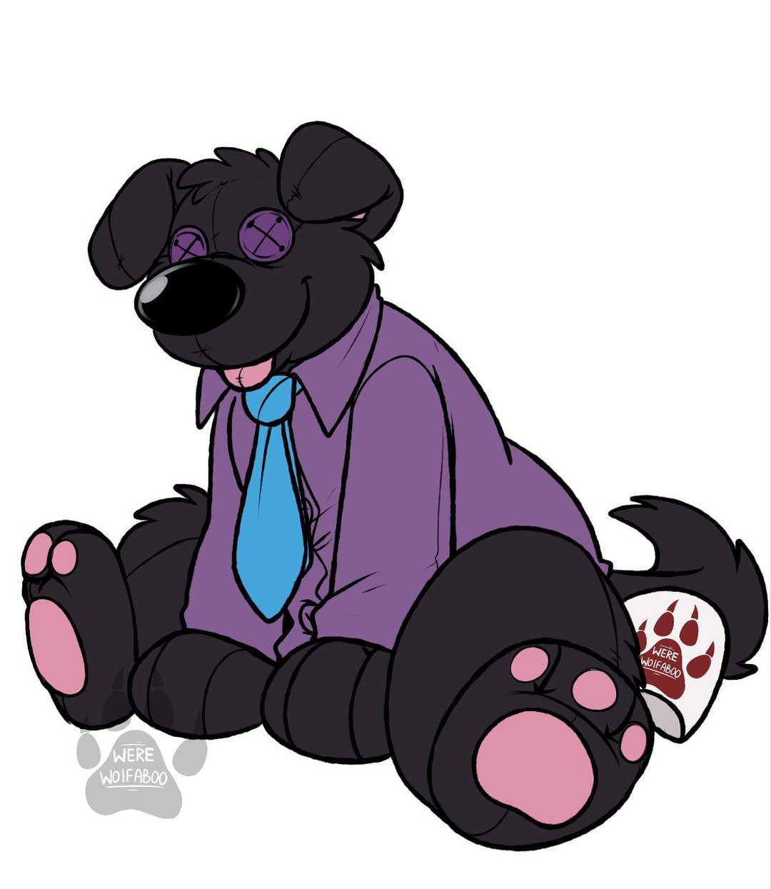 Buddy has been turned into a plushie version of his usual Labrador self! He has purple button eyes, visible seams, and his tongue is sticking out.