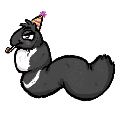 Buddy as a fuzzy, chunky worm with a party hat and a party horn