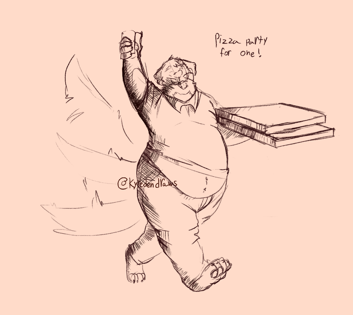 A pen sketch of Buddy, a fat anthro Labrador retriever. Buddy wears a collared shirt riding up on his belly, slacks, and bare paws. Buddy is carrying two pizzas, toasting himself with a drink, and wagging his tail. He says, &ldquo;Pizza party for one!&rdquo;