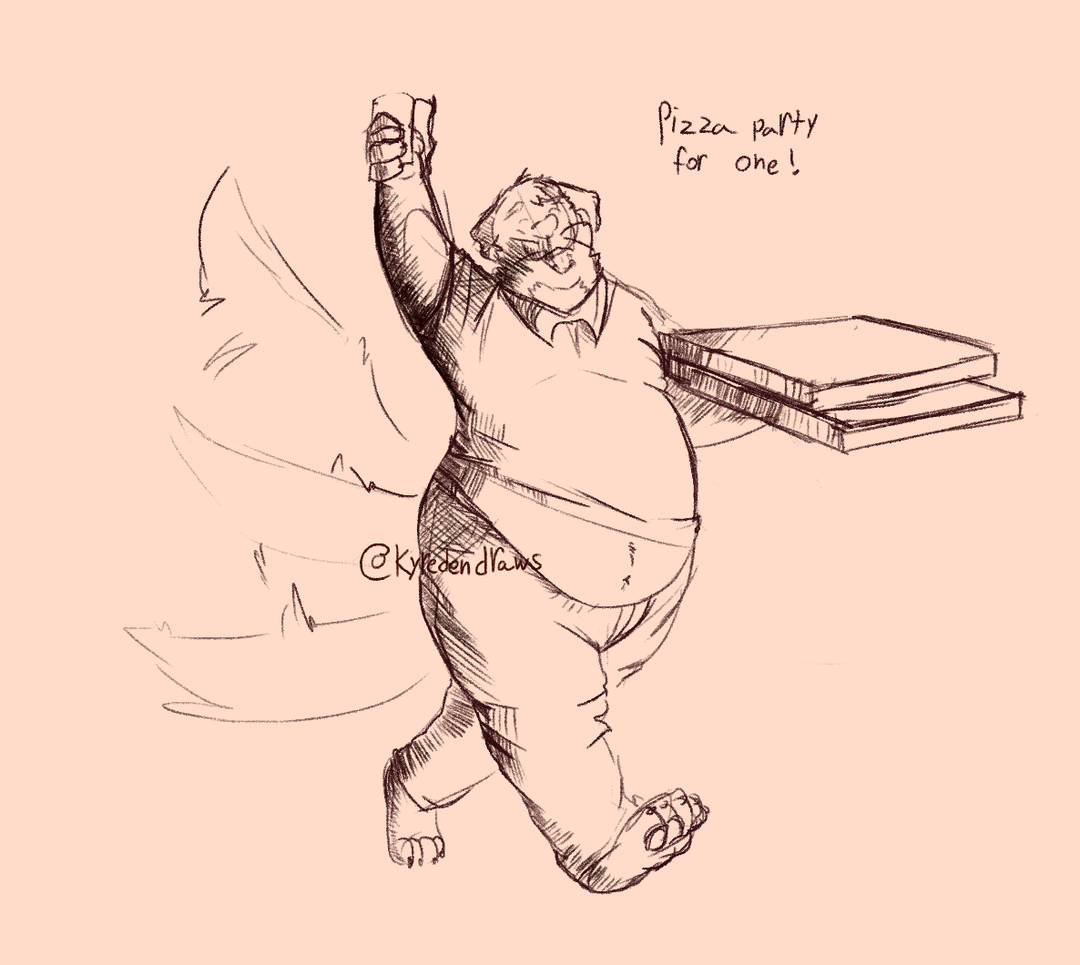 A pen sketch of Buddy, a fat anthro Labrador retriever. Buddy wears a collared shirt riding up on his belly, slacks, and bare paws. Buddy is carrying two pizzas, toasting himself with a drink, and wagging his tail. He says, "Pizza party for one!"