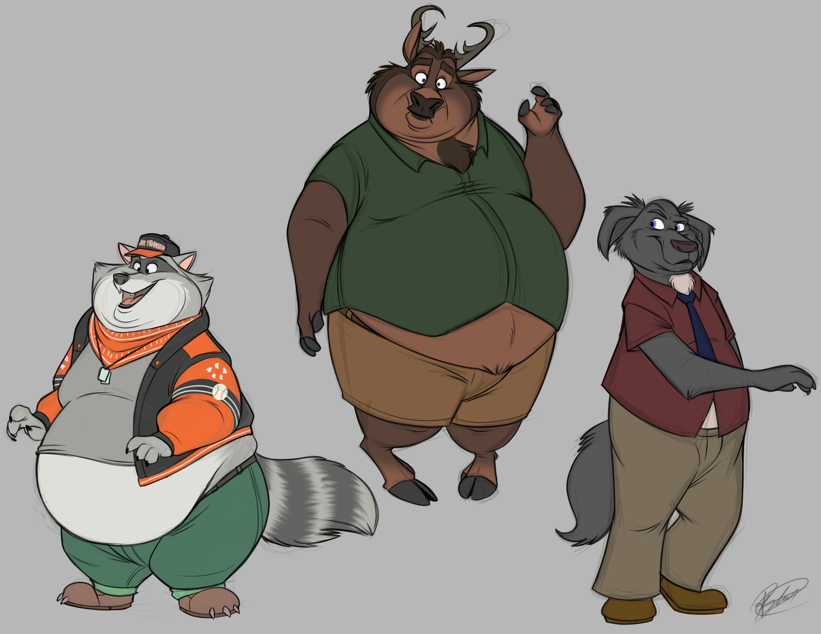 Three full-body figures in color: a fat raccoon with multiple chins and his belly hanging out of his shirt, an elk with a similar build, and Buddy with a little chubbiness on his, his last button on his shirt starting to separate.