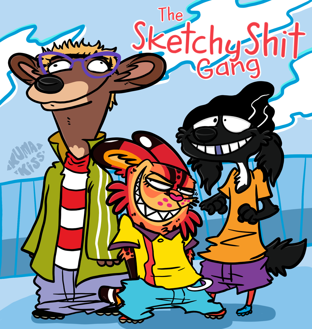 Dressed as and drawn in the style of Ed, Eddy, and Edd *"Double D"), Sue Deer smiles blankly, Kuma smirks and schemes, and Buddy looks excited.
