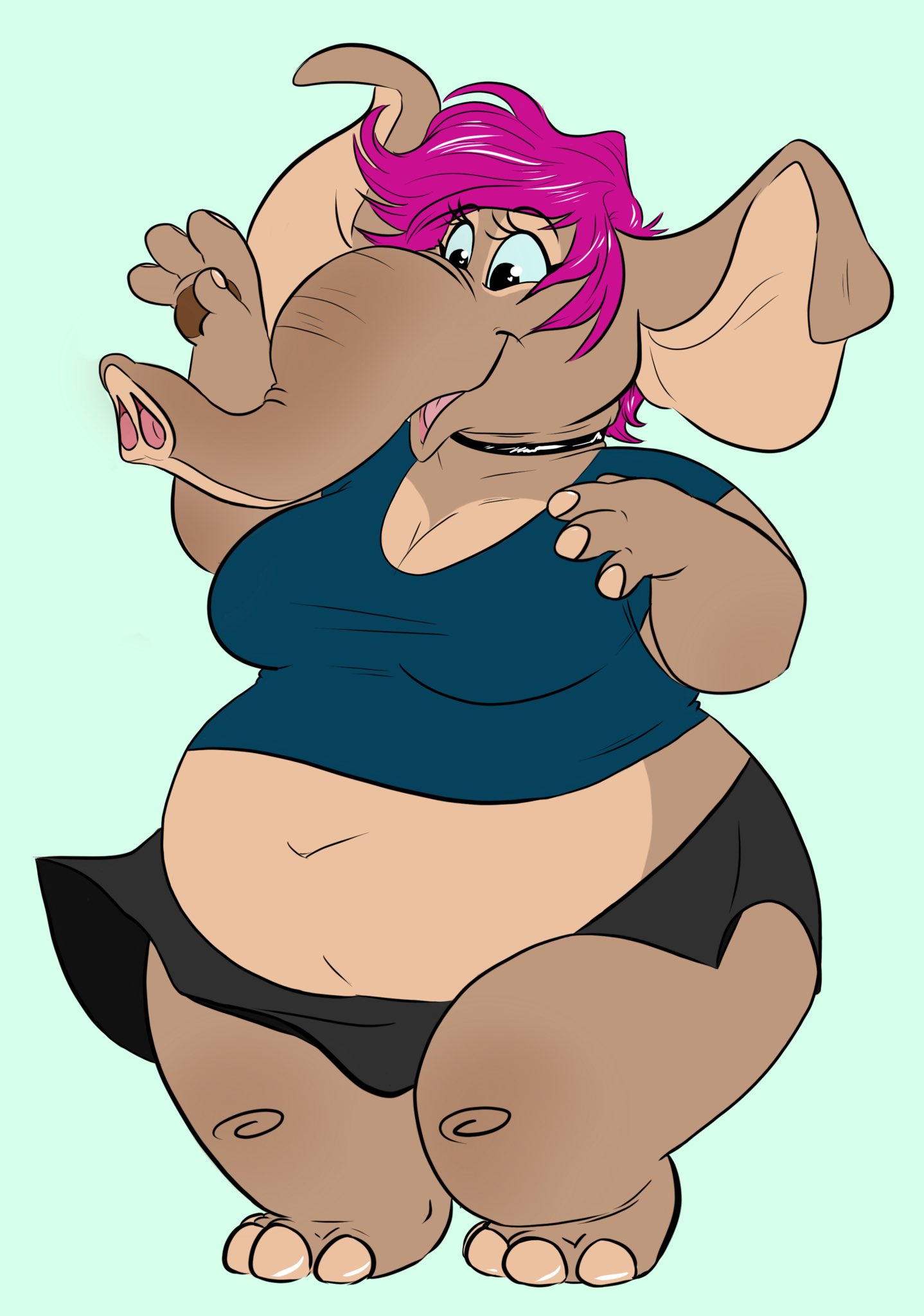 Tina waves as her hair, ears, and clothing flutter in the breeze. Tina is a fat, bottom-heavy African elephant with short pink hair, wearing a dark blue crop top and a black shirt, leaving most of her belly and legs bare. Her posture is gentle and assured.